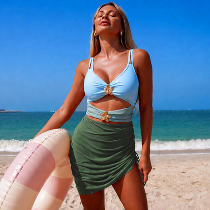 Color Block Cutout Swimsuit Set High Waisted Two Piece