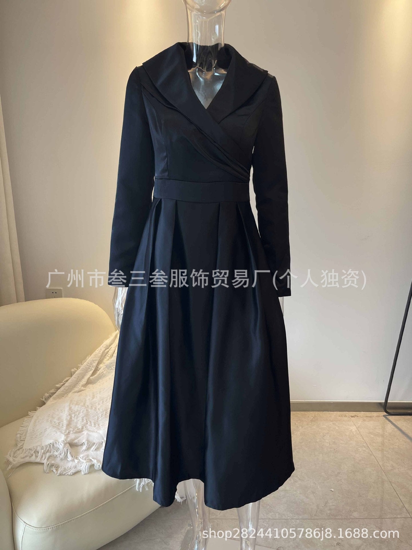 Elegant Satin Long Sleeve Belted A-Line Midi Dress Pockets