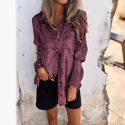 Women's Metallic Suede Button Down Shirt Long Sleeve Tunic