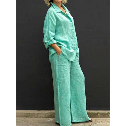 Women's Linen Cotton Shirt & Wide Leg Pants Matching Set