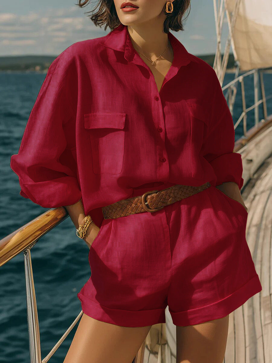 Women's 2 Piece Linen Shirt & Shorts Matching Set