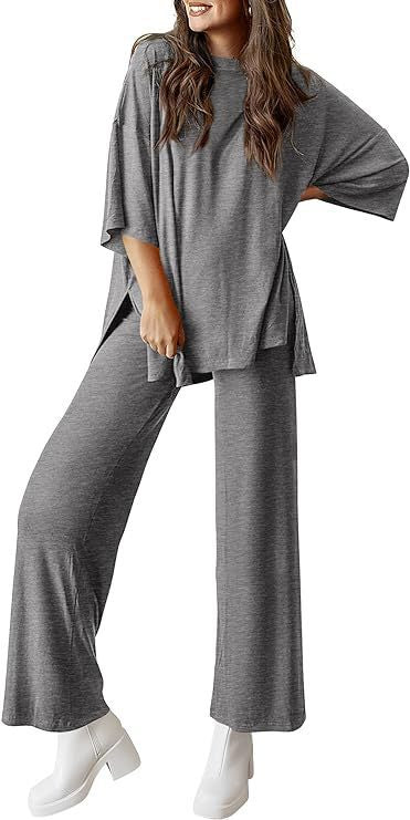Women's 2 Piece Lounge Set Short Sleeve Top Wide Leg Pants