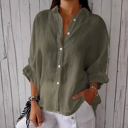 Cotton Linen Tie Back Button Down Shirt Long Sleeve