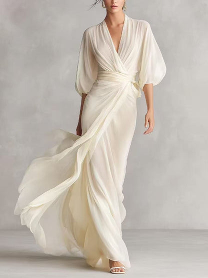 Elegant Deep V-Neck Lantern Sleeve Wrap Maxi Dress