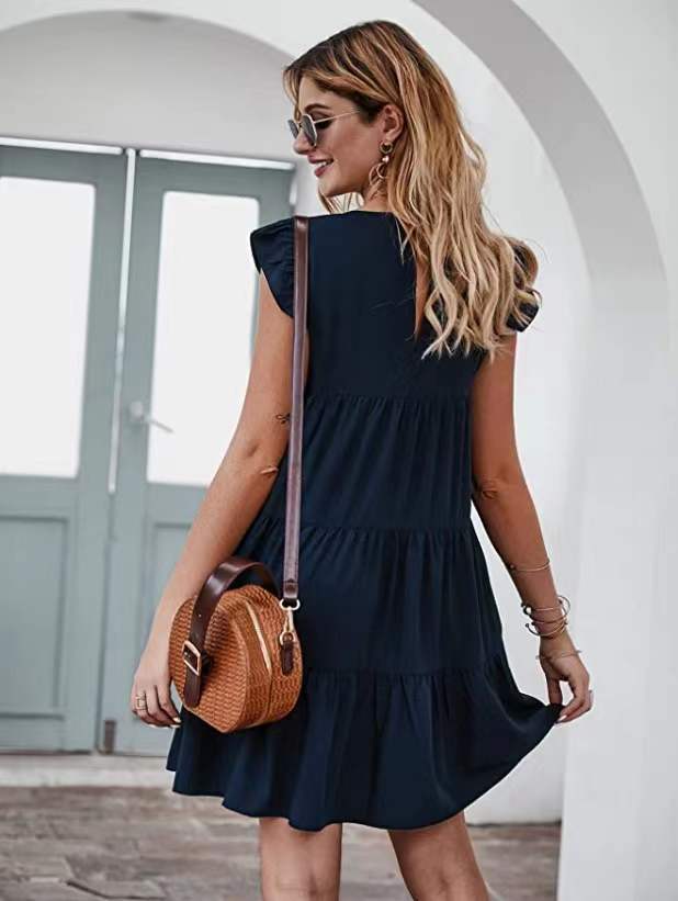 Solid Color Casual Short Sleeve Babydoll Dress