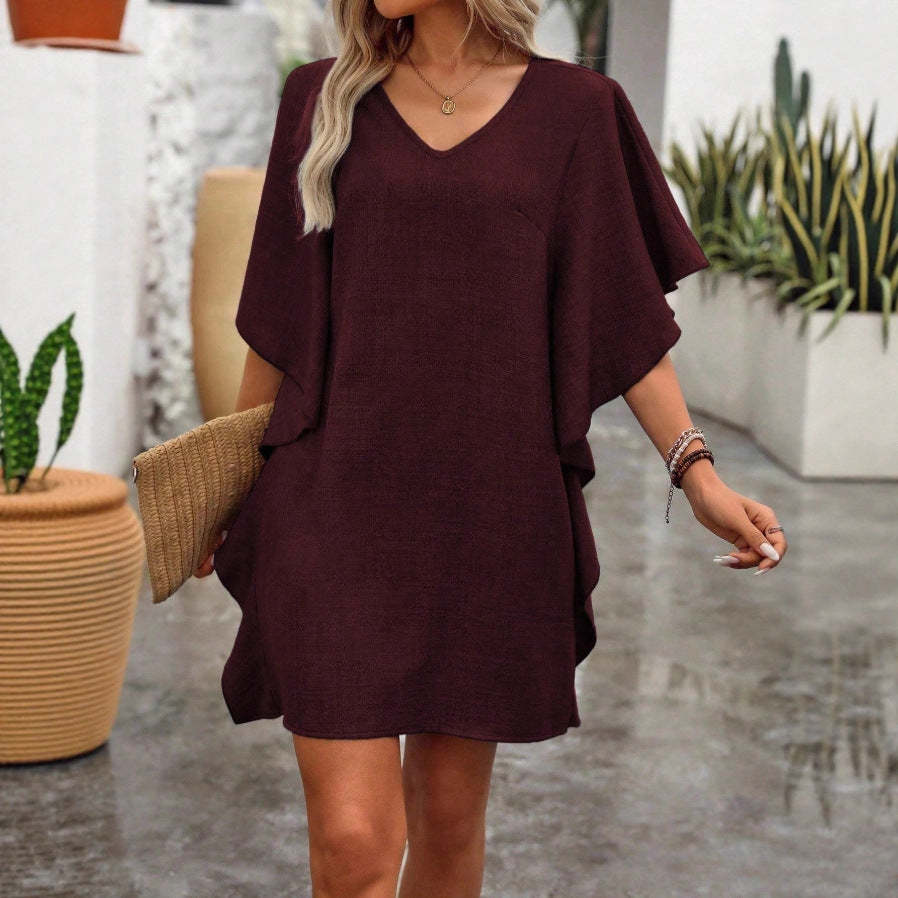 Flowy V-Neck Ruffle Sleeve Summer Dress Loose Fit