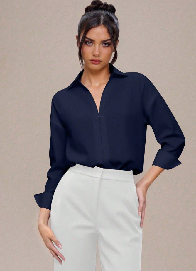 Women's V Neck Collared Business Casual Blouse Long Sleeve