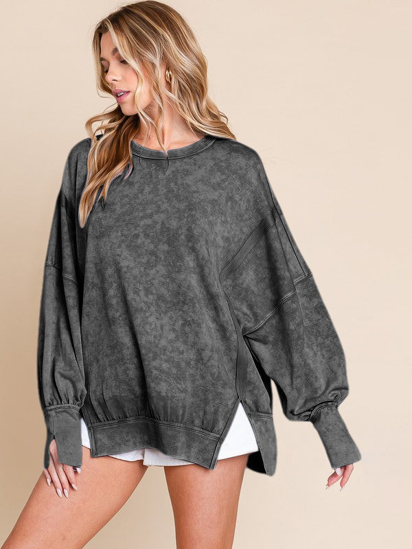 Acid Wash Oversized Sweatshirt Side Slit Drop Shoulder