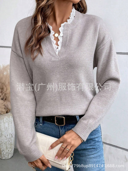 Women's Lace V-Neck Oversized Long Sleeve Knit Sweater