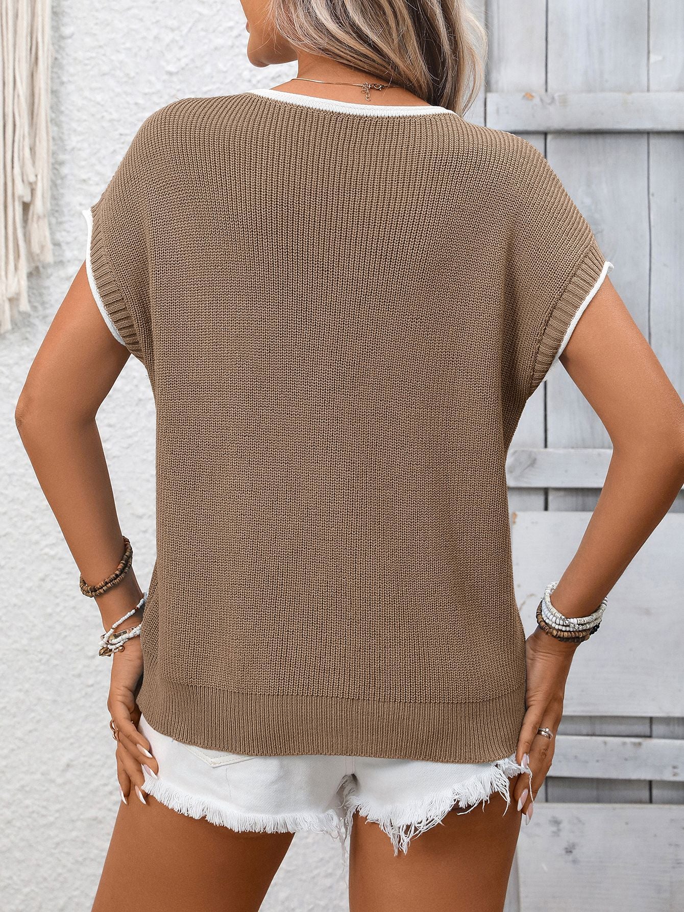 Contrast Trim Knit Top Short Sleeve Casual Sweater