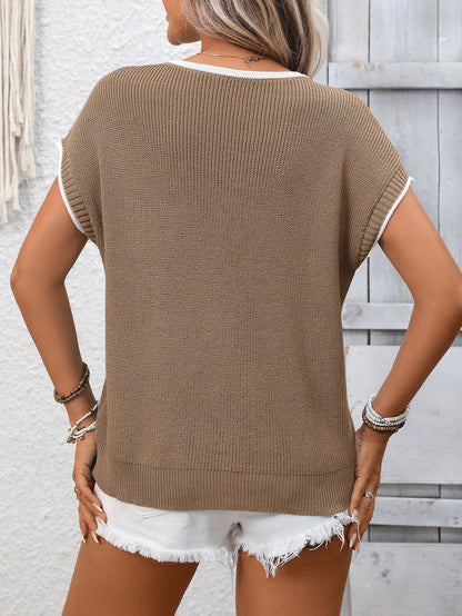 Contrast Trim Knit Top Short Sleeve Casual Sweater