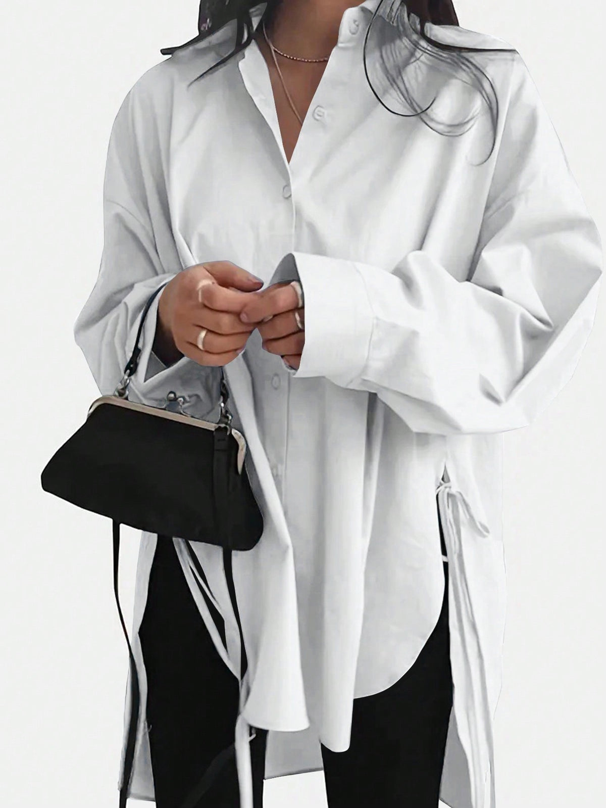 Womens Oversized Shirt Side Tie High Low Long Sleeve Tunic
