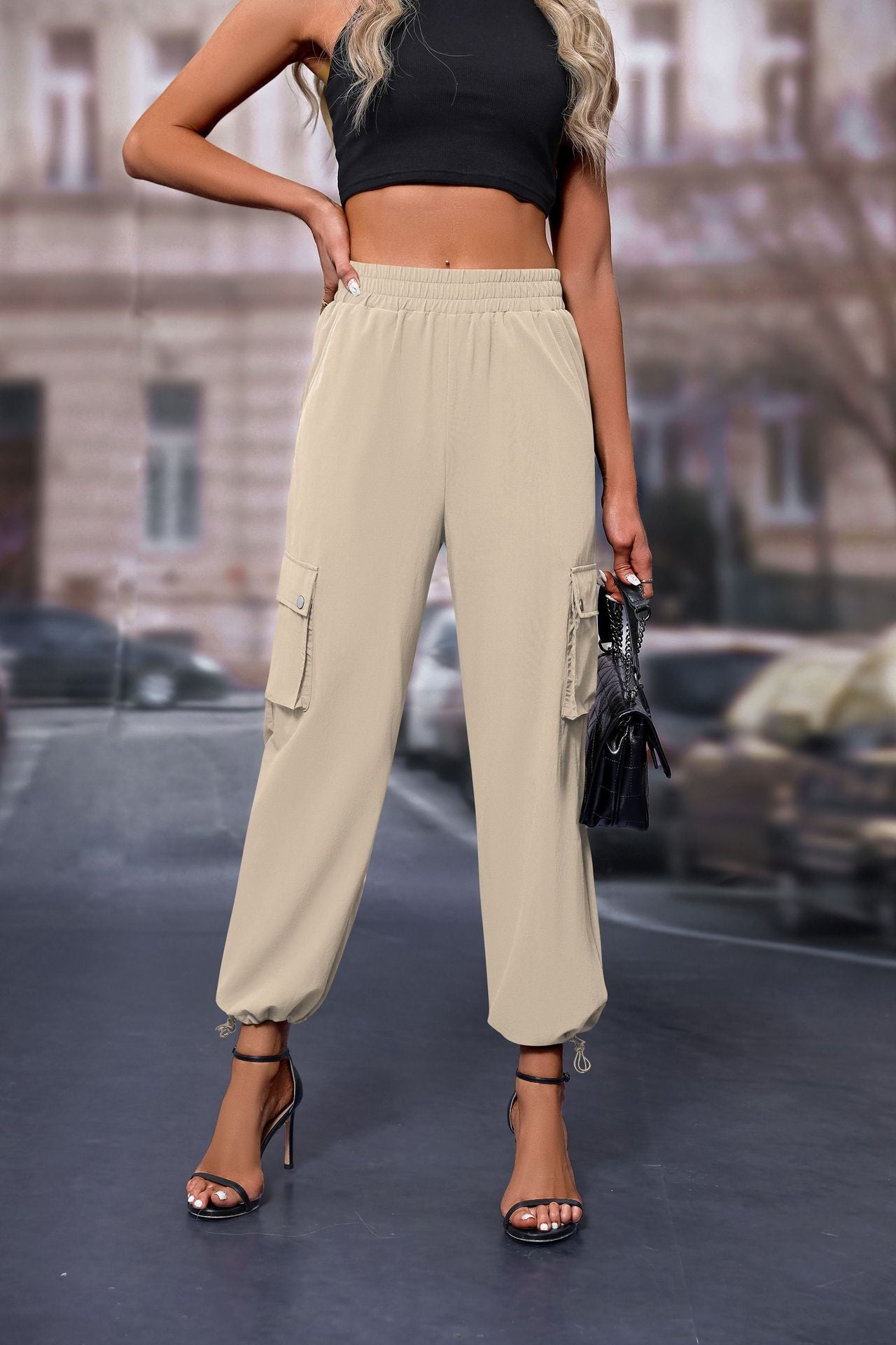 Women's High-Waisted Drawstring Cargo Pants, Baggy Parachute Utility Trousers