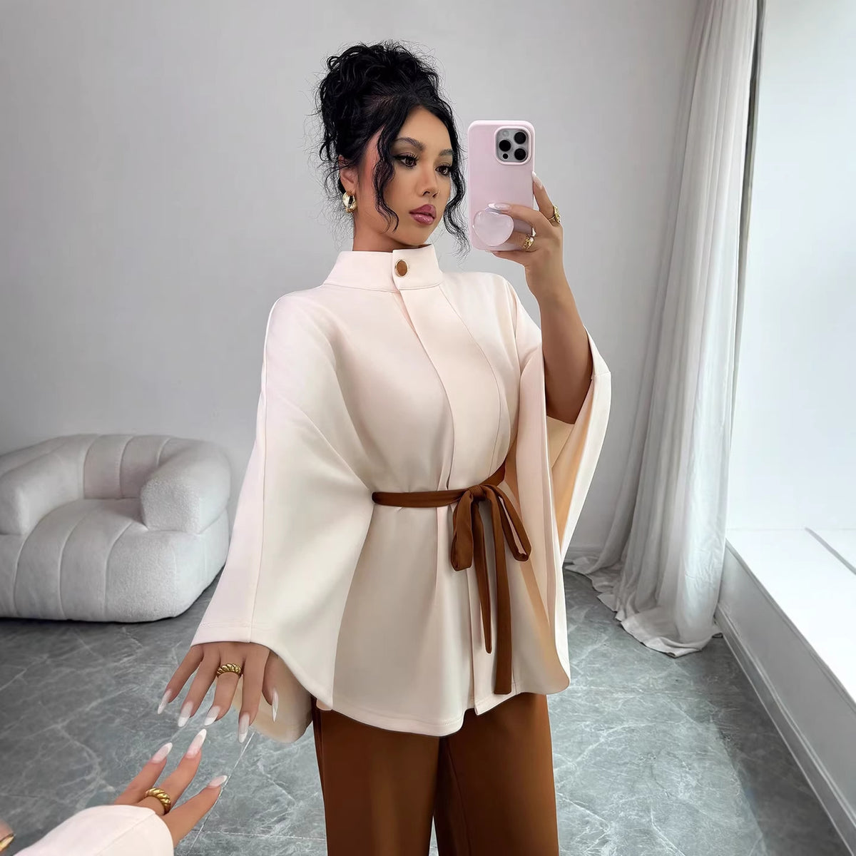 Elegant Belted Cape Top Wide Leg Pants Two Piece Set