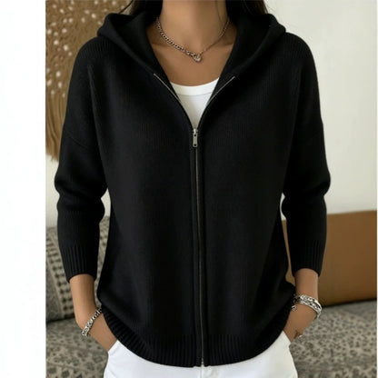 Hooded Zip Up Knit Cardigan with Drop Shoulders