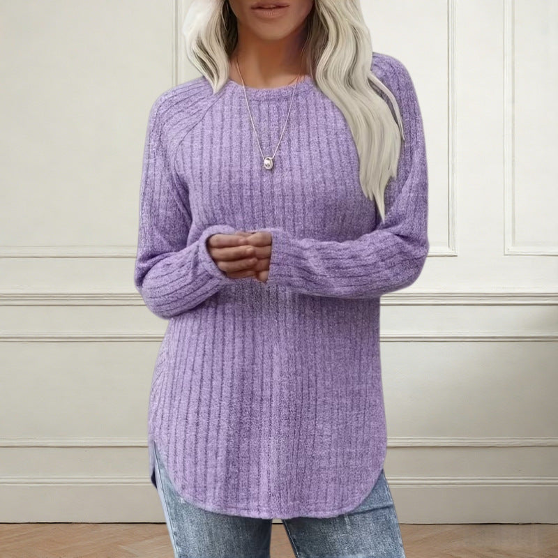 Plus Size Waffle Knit Tunic Long Sleeve Curved Hem Top