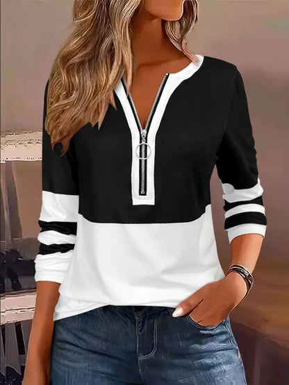 Women's Color Block Quarter Zip Long Sleeve Plus Size Top