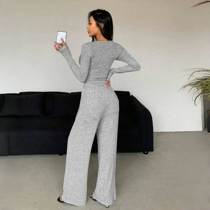 Women's Two Piece Lounge Set Button Top Wide Leg Pants