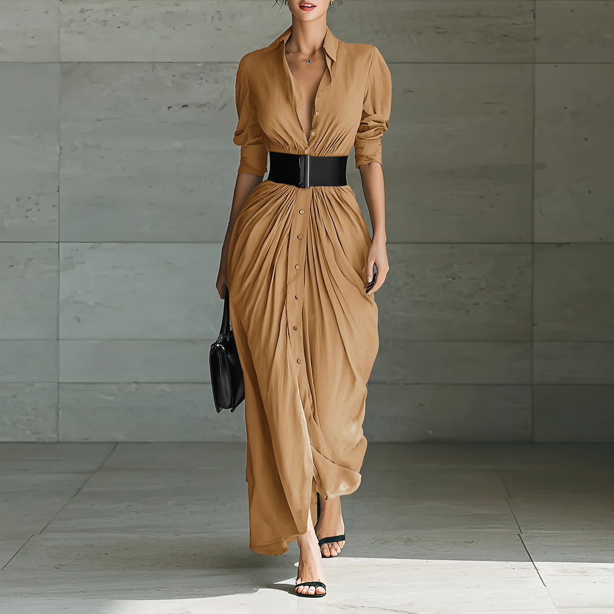 Collared Belted Maxi Shirt Dress Long Sleeve