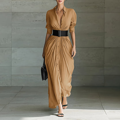 Collared Belted Maxi Shirt Dress Long Sleeve
