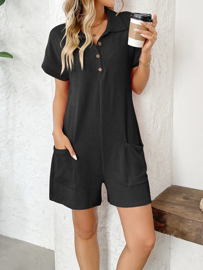 Lapel Button Loose Pocket Short Sleeve Jumpsuit