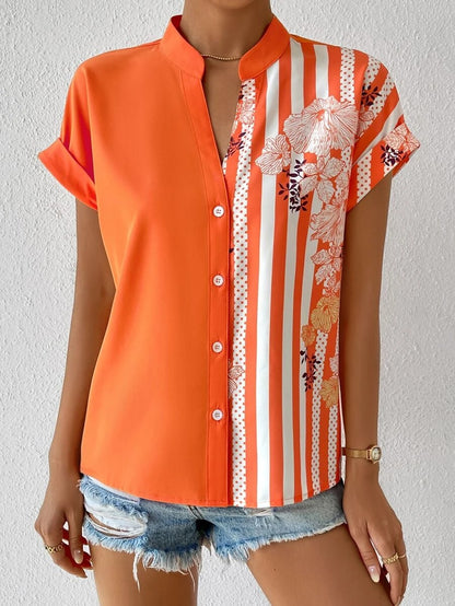 New Women’s Colorblock Floral Button Short Sleeve Cardigan
