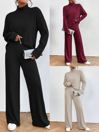 Women's Ribbed Turtleneck Sweater Wide Leg Pants Set