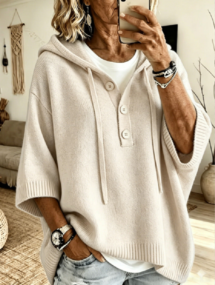 Womens Oversized Hooded Button Knit Sweater