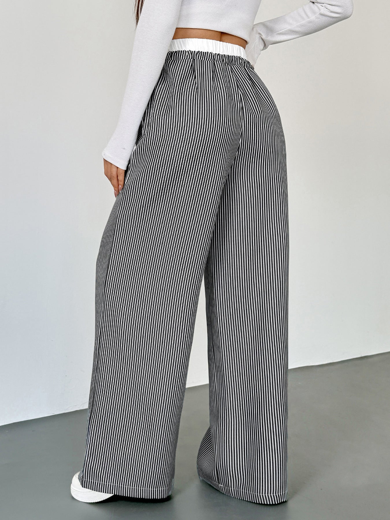 Striped Lace Trim Drawstring Wide Leg Pants