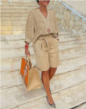 Women V Neck Linen 2 Piece Short Set Summer Casual