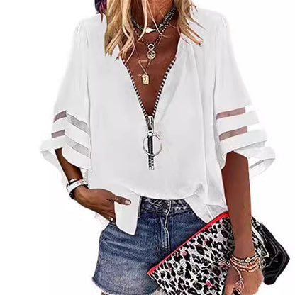 Summer V-Neck Zipper Shirt Half-Flared Sleeve Grid Splicing