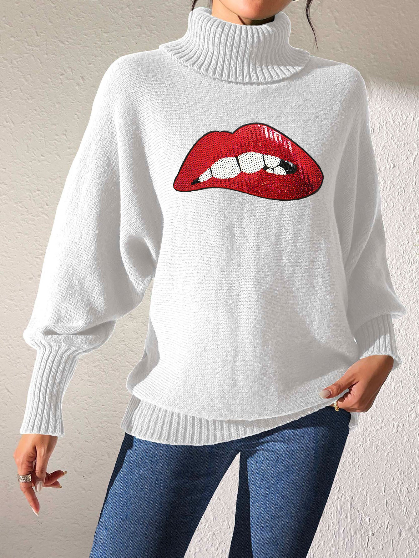 Ladies Bottom Shirt Sequin Embroidered Lip Turtleneck