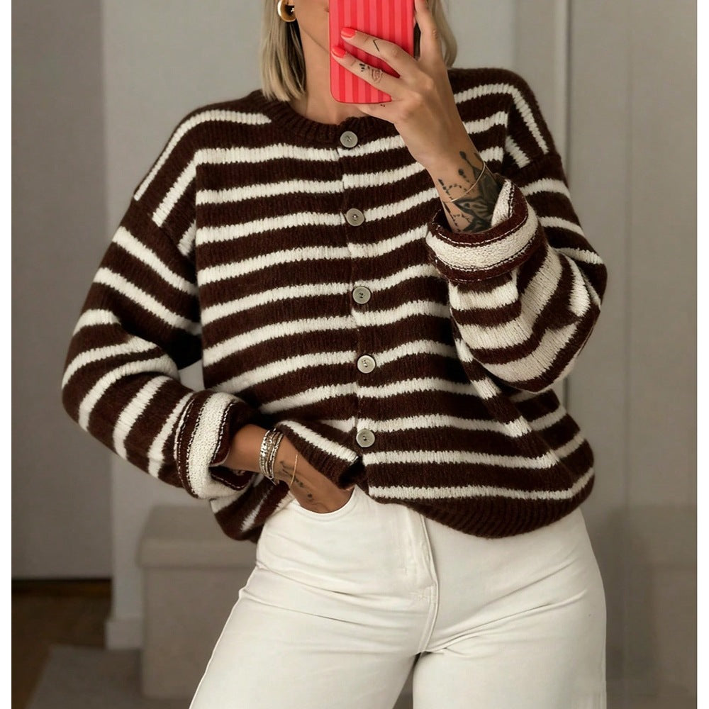 Striped Knit Cardigan Button Front Oversized Sweater