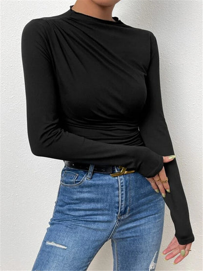 Asymmetric Ruched Mock Neck Long Sleeve Fitted Top