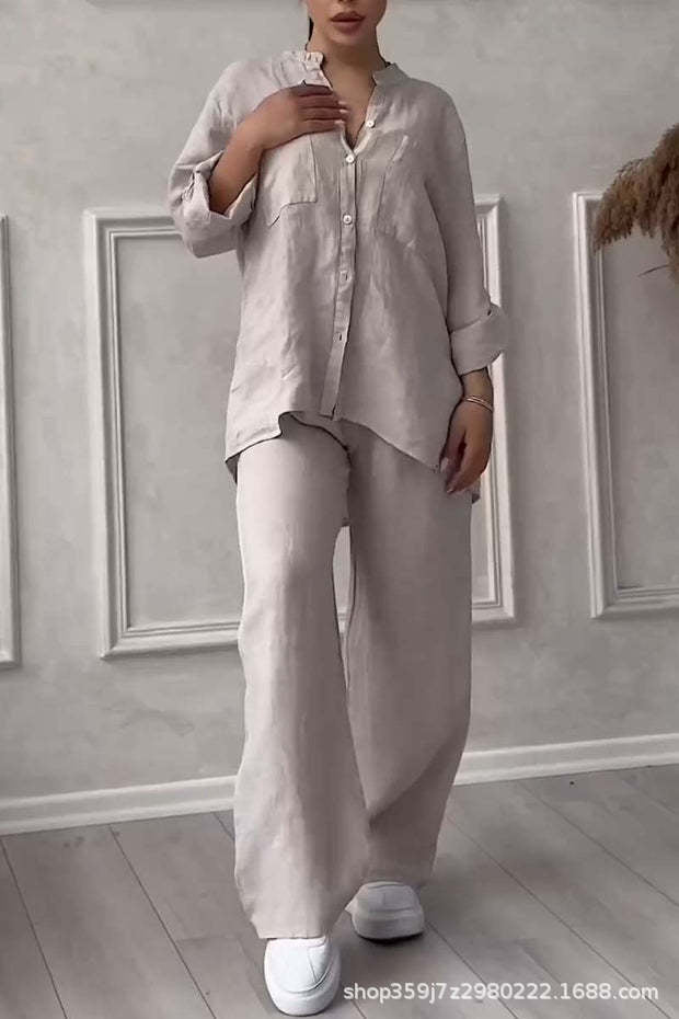 Women's Linen Shirt and Wide Leg Pants Matching Set