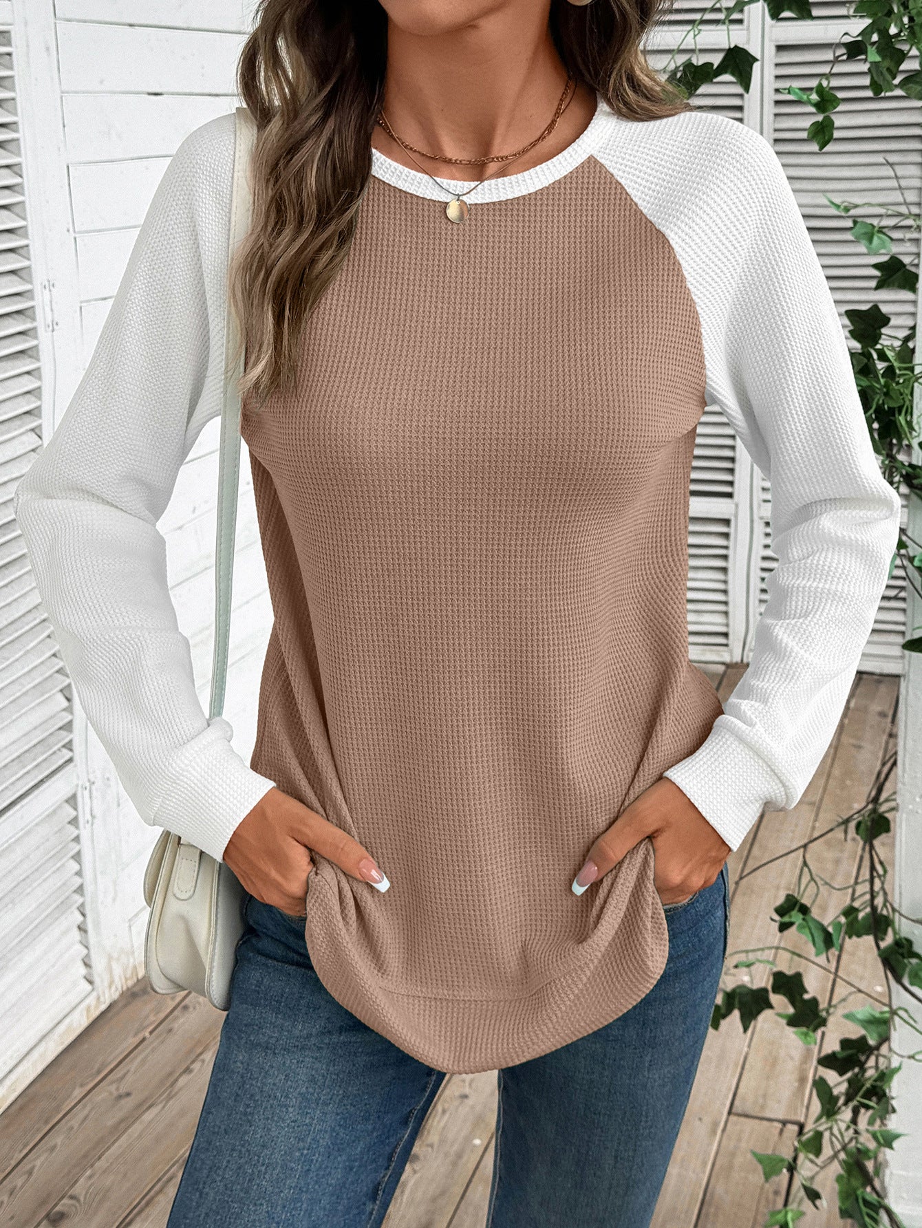 Colorblock Waffle Knit Long Sleeve Top Women Casual Tee