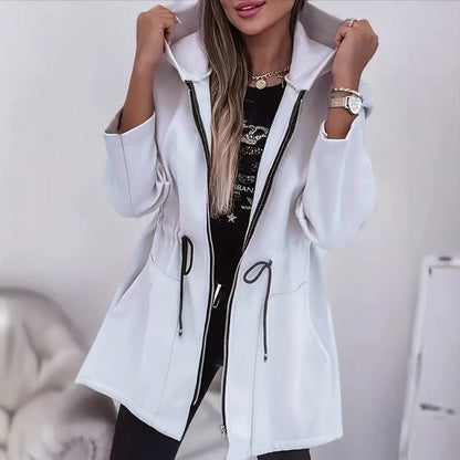 Women's Hooded Drawstring Waist Zip-Up Mid Length Jacket