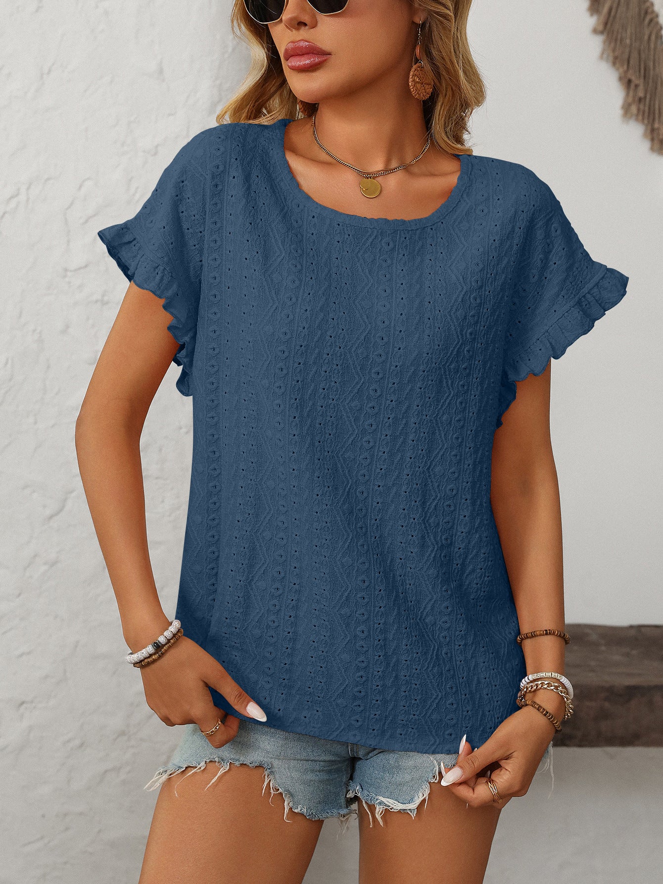 Women’s Eyelet Knit Crewneck Ruffle Sleeve Summer Top