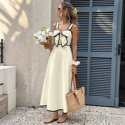 Colorblock Bow Tie French Chic Midi Dress for Women