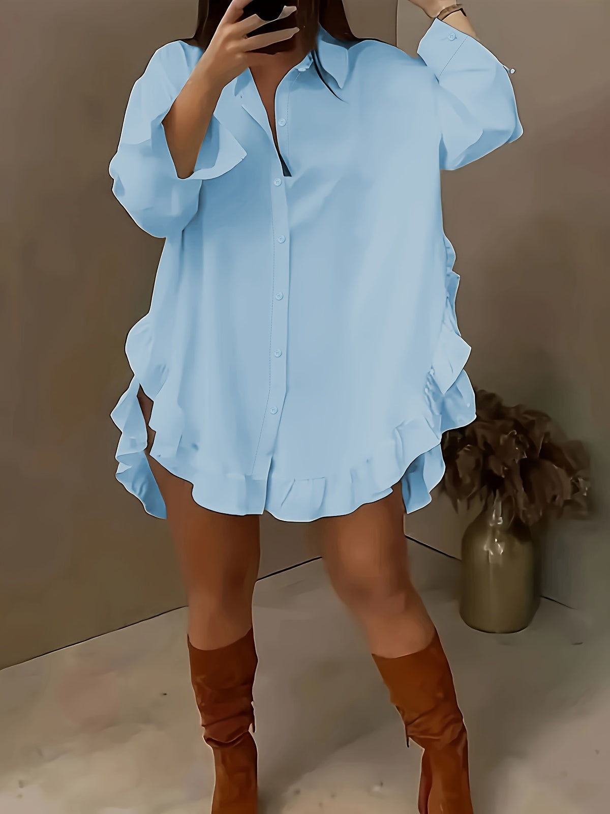 Women's Oversized Ruffle Button Down Shirt Dress