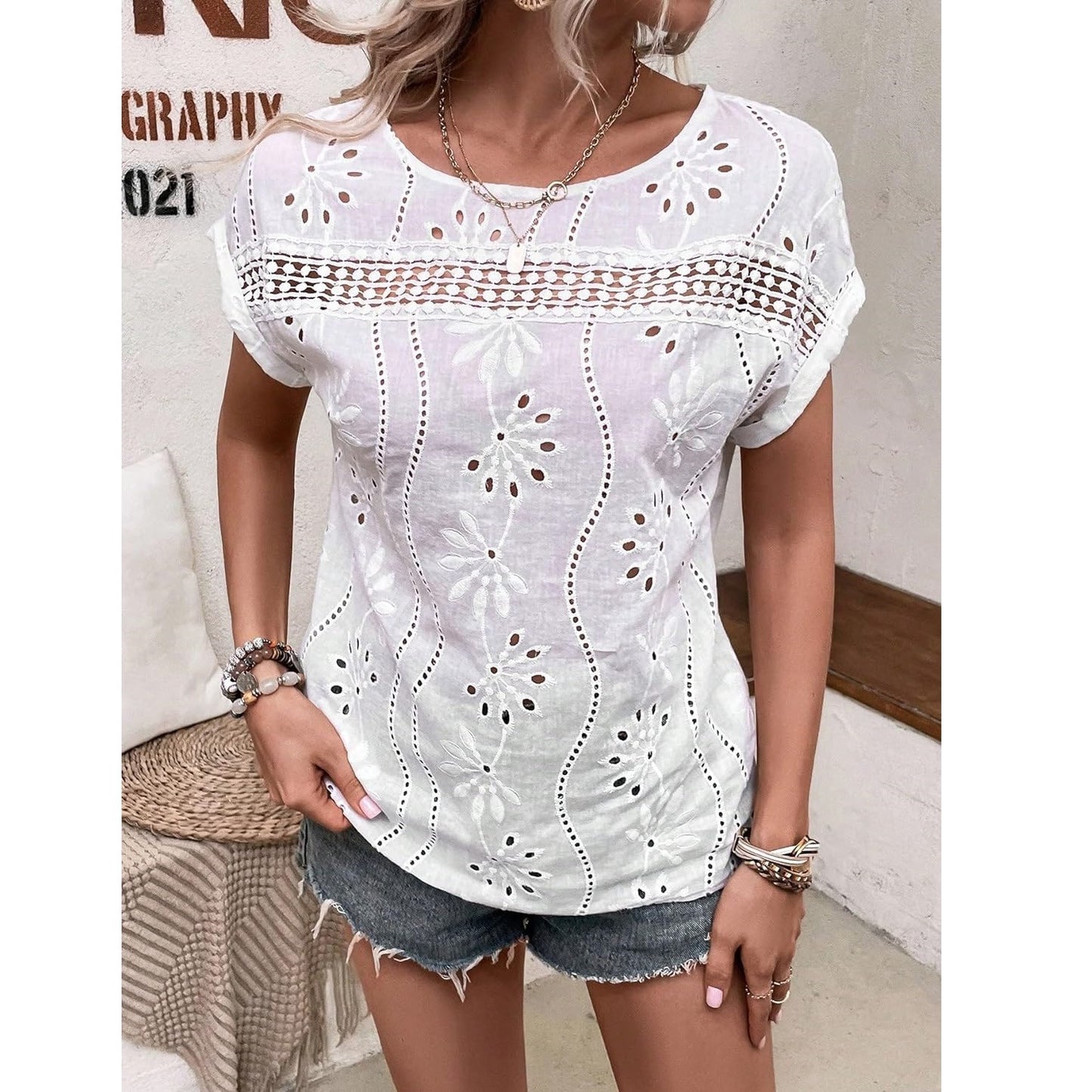 Summer Short Sleeve Eyelet Top with Lace Detail