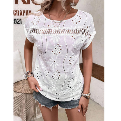 Summer Short Sleeve Eyelet Top with Lace Detail