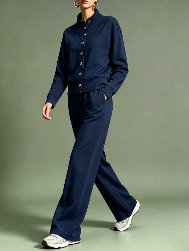Women's Button Front Sweatshirt Wide Leg Pants Lounge Set