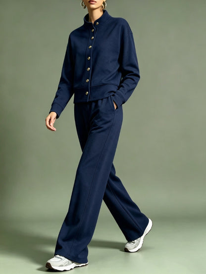 Women's Button Front Sweatshirt Wide Leg Pants Lounge Set