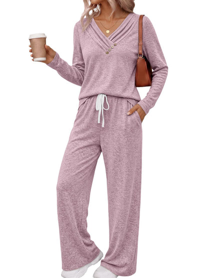 Casual V-Neck Button Top Wide Leg Pants Matching Set