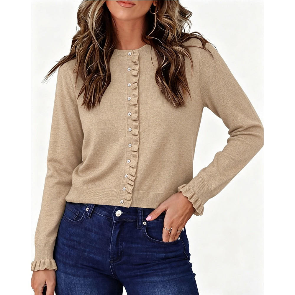 Ruffle Trim Crew Neck Button Front Knit Cardigan Sweater