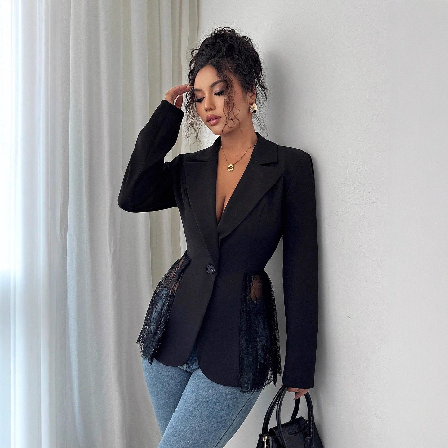 Colorblock Lace Waist Fitted A-Line Blazer for Women