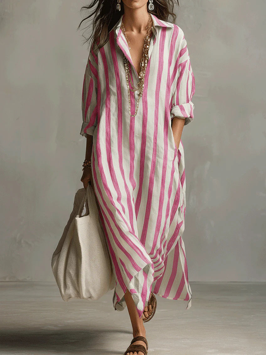 Oversized Striped Maxi Shirt Dress V-Neck 3/4 Sleeve