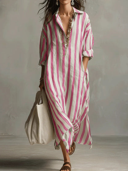 Oversized Striped Maxi Shirt Dress V-Neck 3/4 Sleeve