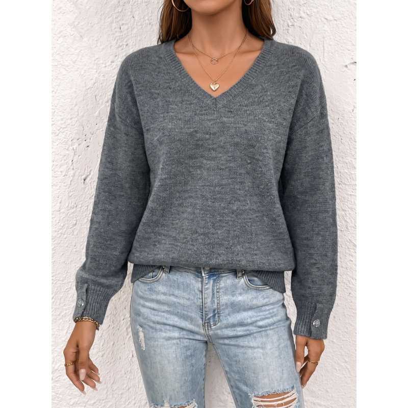 Womens V Neck Sweater Oversized Button Cuff Pullover